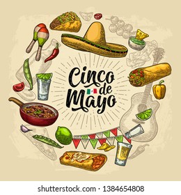 Forma de círculo con comida tradicional mexicana con Guacamole, Quesadilla, Enchilada, Burrito, Tacos, Nachos. Grabado a mano de Cinco de Mayo. Ilustración de grabado vectorial en beige