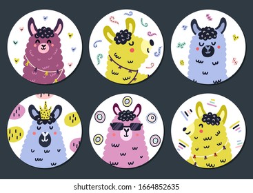 Circle shape stickers set with cute llama for kids. Funny prints collection with alpaca. Creative round labels with lama. Vector illustration