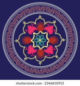 Patrón de circulo suzani - objeto de arte tradicional en Uzbekistán. Patrones digitales para textiles y tejidos. Cultura de Uzbekistán.	