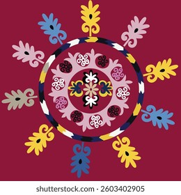 Circle shape suzani pattern - traditional art object in Uzbekistan. Digital patterns for textiles and fabrics. Uzbekistan culture.