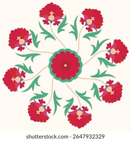 Circle shape suzani pattern - traditional art object in Uzbekistan. Digital patterns for textiles and fabrics. Uzbekistan culture