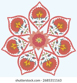 Patrón de suzani en forma de círculo - objeto de arte tradicional en Uzbekistán. Patrones digitales para textiles y telas. Cultura de Uzbekistán