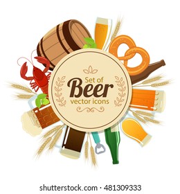 Circle shape template with colorful beer icons for packaging, cards, posters, menu. Vector stock illustration.