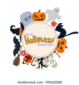 Circle shape template with Halloween  icons for packaging, cards, posters, menu. Vector stock illustration.