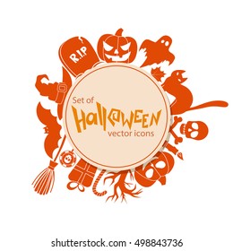 Circle shape template with Halloween  icons for packaging, cards, posters, menu. Vector stock illustration.