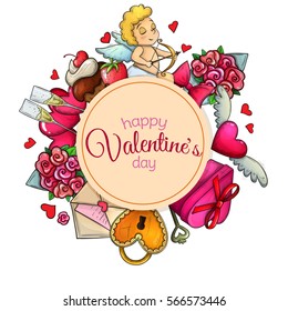 Circle shape template with icons. Colorful sketch style illustration for Valentine's Day greeting card and decoration. Vector.