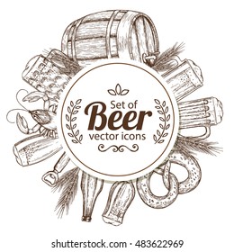 Circle shape template with sketch vintage beer icons for packaging, cards, posters, menu. Vector stock illustration.