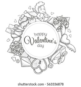 Circle shape template with Valentine's Day icons. Monochrome sketch style illustration for Valentine's Day greeting card and decoration. Vector.