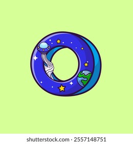 Circle Shape With UFO In a Space Cartoon Vector Illustration. Science Technology Concept. Flat Cartoon Outline Style.
