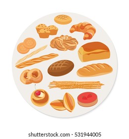 Circle shape with various pastries and bakery products in flat style