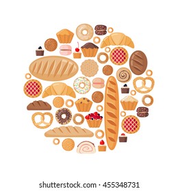 Circle shape with various pastries in flat style. Vector illustration