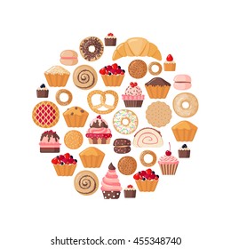 Circle shape with various pastries in flat style. Vector illustration