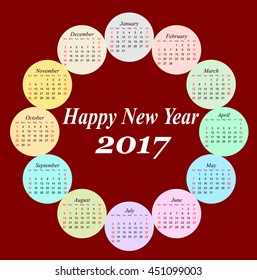 Circle shaped 2017 vector calendar in maroon background