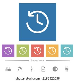 Circle shaped backward arrow and clock flat white icons in square backgrounds. 6 bonus icons included.
