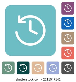 Circle shaped backward arrow and clock white flat icons on color rounded square backgrounds