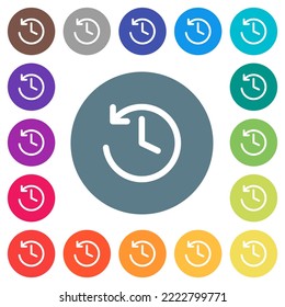 Circle shaped backward arrow and clock flat white icons on round color backgrounds. 17 background color variations are included.