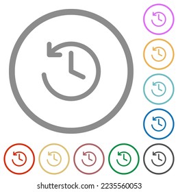 Circle shaped backward arrow and clock flat color icons in round outlines on white background
