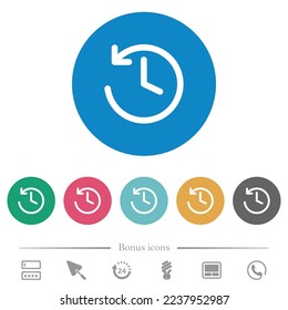 Circle shaped backward arrow and clock flat white icons on round color backgrounds. 6 bonus icons included.