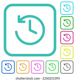 Circle shaped backward arrow and clock vivid colored flat icons in curved borders on white background