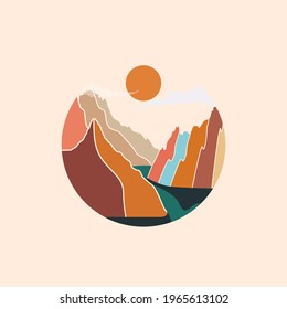 Circle shaped colorful abstract mountains landscape emblem or badge or wall art or sticker design template. Vector illustration