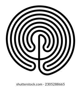 Circle shaped Cretan labyrinth. Classical design of a single path in seven courses, as depicted on silver coins from Knossos. In Greek mythology a confusing structure that served to hold the Minotaur.