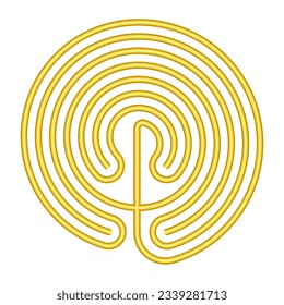 Circle shaped Cretan labyrinth, gold colored and in the classical design of a single path in 7 courses as depicted on coins from Knossos. In Greek mythology a confusing structure to hold the Minotaur.