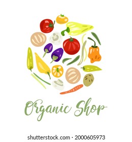 Diseño en forma de círculo de varias verduras con texto Organic tienda. Logotipo vectorial, pegatina, tarjeta u otro diseño para productos veganos. 