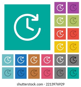 Circle shaped forward arrow and clock multi colored flat icons on plain square backgrounds. Included white and darker icon variations for hover or active effects.