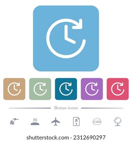 Circle shaped forward arrow and clock white flat icons on color rounded square backgrounds. 6 bonus icons included