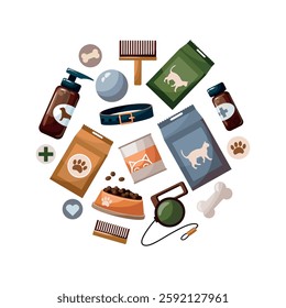 Circle shaped frame of Pet care accessories. Various food and animal care tools on white background.
