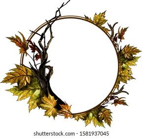 circle shaped frame surrounded by dry twigs and autumn dry maple leaves, sketch vector graphics color illustration on white background