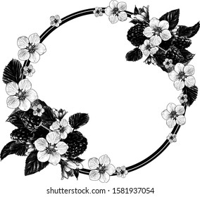 circle shaped frame surrounded by raspberry berries leaves and flowers, sketch vector graphics monochrome illustration on white background