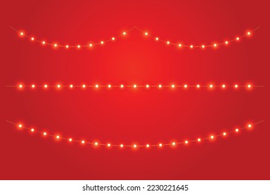 Circle shaped light buntings on red background. Merry Christmas Greeting card. Happy new year. Xmas Holiday poster vector illustration.