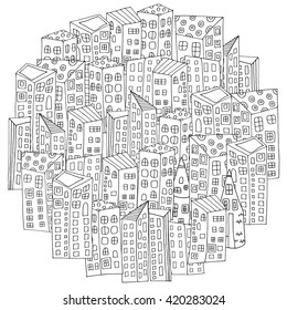 Circle shaped pattern for coloring book page with city houses. Magic City. Street background.  Made by trace from sketch. Ink pen. Zentangle. Black and white pattern in vector.