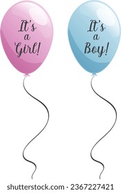 Circle shaped pink and blue balloons with girl or boy text for gender reveal party isolated