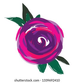 Flor rosa y violeta en forma de círculo con hojas verdes alrededor de ella dibujo o ilustración de color vectorial