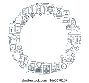 Circle shaped SEO icons set composition. Perfect line icons for seo, business and social media marketing