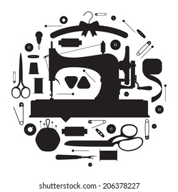 Circle shaped sewing items silhouettes set featuring vintage sewing machine on white background