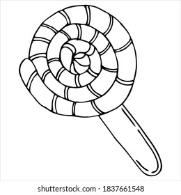 circle shaped sweet lollipop, cute drawing for kids, vector element, coloring book, kawaii sweets