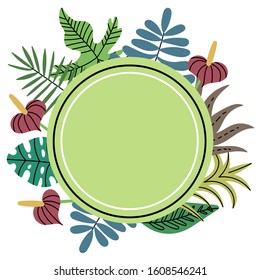 Circle shaped tropical jungle plant frame. Green circle frame. Exotic leaves. Editable Vector Illustration