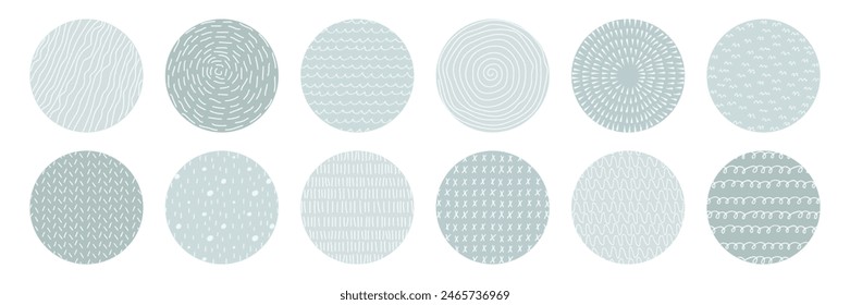 Formas de círculo con textura dibujada de garabatos. Conjunto de iconos de portada destacados para las redes sociales. No. Colores naturales pastel. Fondo abstracto moderno. Iconos redondos de patrón de dibujo a mano