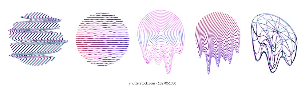 Circle and shapes flowing wave surface elements with colorful soft tone color palette and motion effect. Design universal elements with glitch, destruction and liquid effect. Memphis vector set