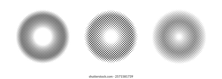 Circle Shapes with Halftone Effect. Abstract dotted Gradient rings set. Pop art comic dots Texture. Black and white Monochrome Design element