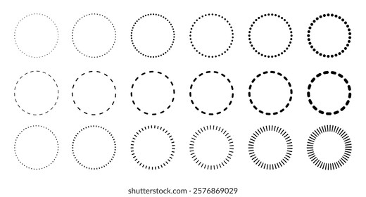 Circle shapes set with and dots and dashed lines, dotted and dashed round frames