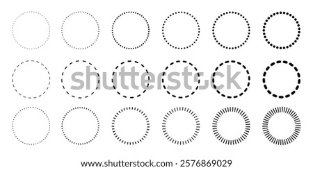 Circle shapes set with and dots and dashed lines, dotted and dashed round frames