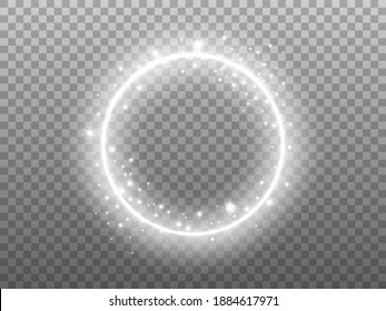 Circle shine on transparent backdrop. Glowing ring with glitter effect. Round silver frame and magic particles. Festive element with glittering stardust . Vector illustration.