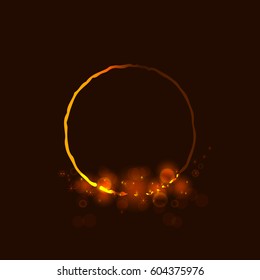 Circle with shining star,  sun particles and sparks with a highlight effect, golden bokeh lights glitter and sequins isolated on dark background. Vector illustration for  shimmer design. 