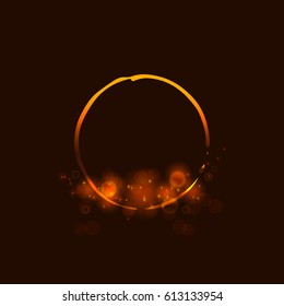 Circle with shining star,  sun particles and sparks with a highlight effect, golden bokeh lights glitter and sequins isolated on dark background. Vector illustration for  shimmer design. 