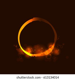 Circle with shining star,  sun particles and sparks with a highlight effect, golden bokeh lights glitter and sequins isolated on dark background. Vector illustration for  shimmer design. 