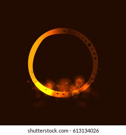 Circle with shining star,  sun particles and sparks with a highlight effect, golden bokeh lights glitter and sequins isolated on dark background. Vector illustration for  shimmer design. 